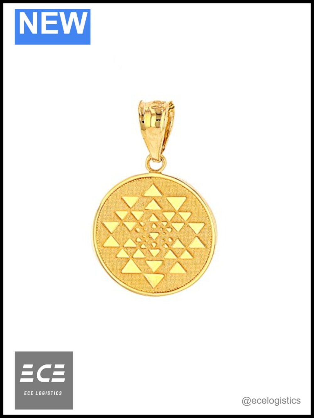 Solid 14K Yellow Gold Sri Yantra Chakra Pendant Charm Talisman, 0.88"